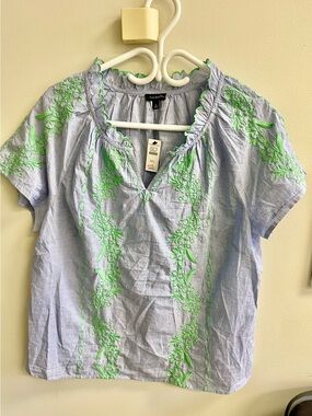 Talbots Blue Short-Sleeve Embroidered Peasant Blouse with Green Accents
